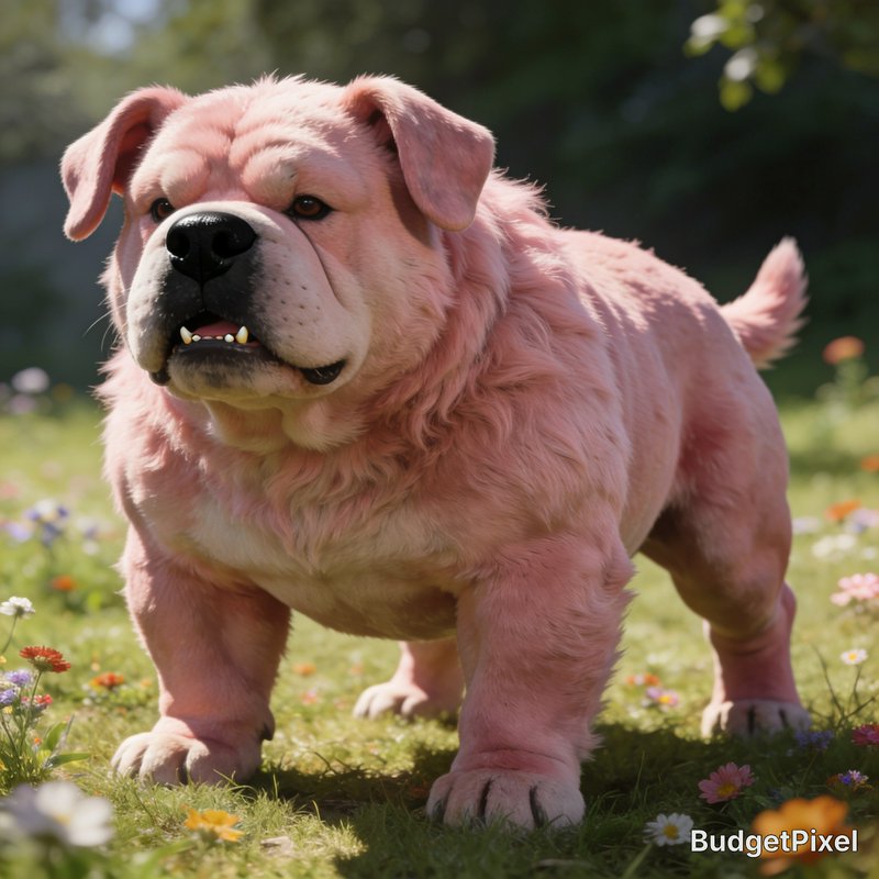 Fluffy pastel pink English bulldog standing in a sunlit wildflower meadow, facing the viewer.