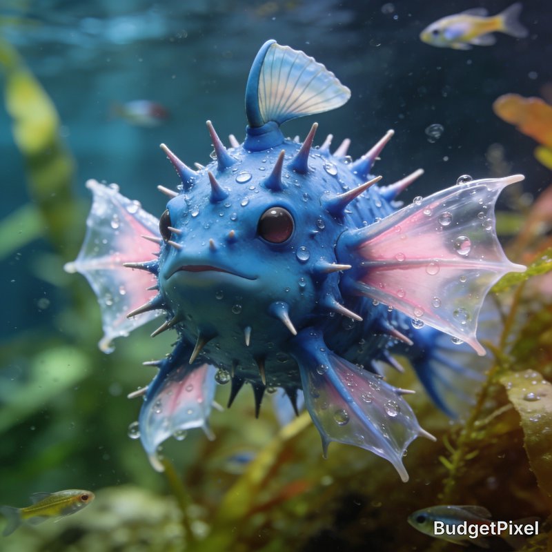 Close-up of whimsical spiky blue fantasy fish with translucent pink fins swimming in a sunlit und...