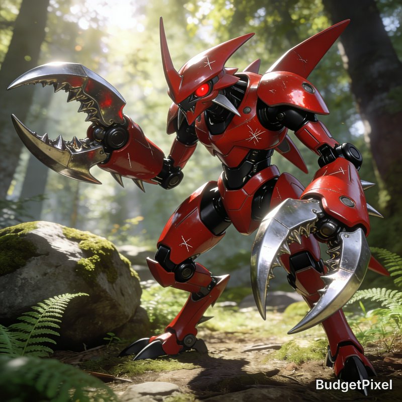 Glossy red battle-scarred insectoid mech with giant silver claws stands in sunlit mossy forest
