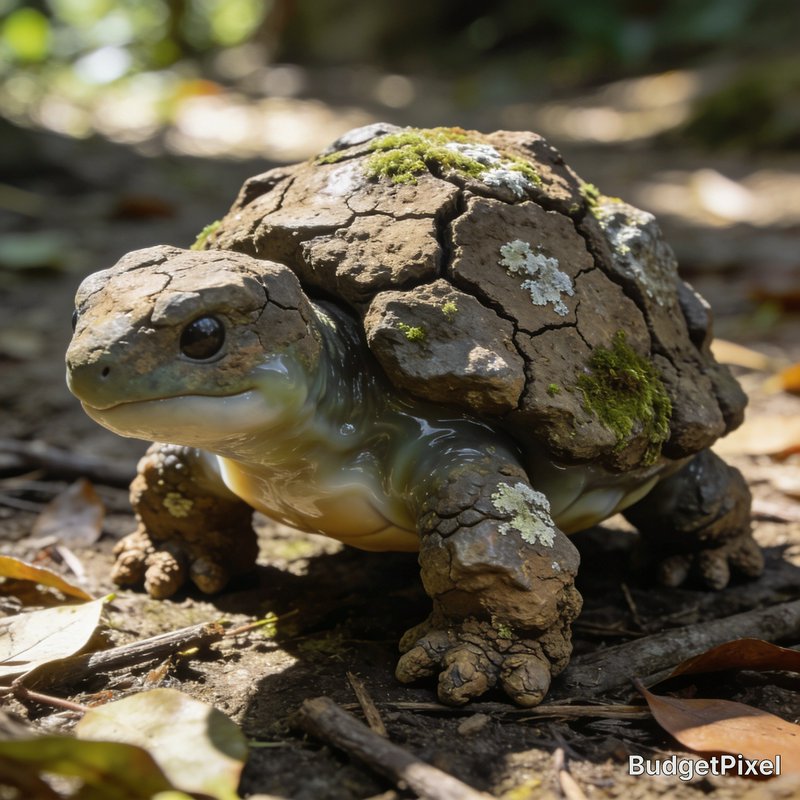 Whimsical fantasy tortoise with cracked moss-covered stone shell stands on a sunlit forest trail