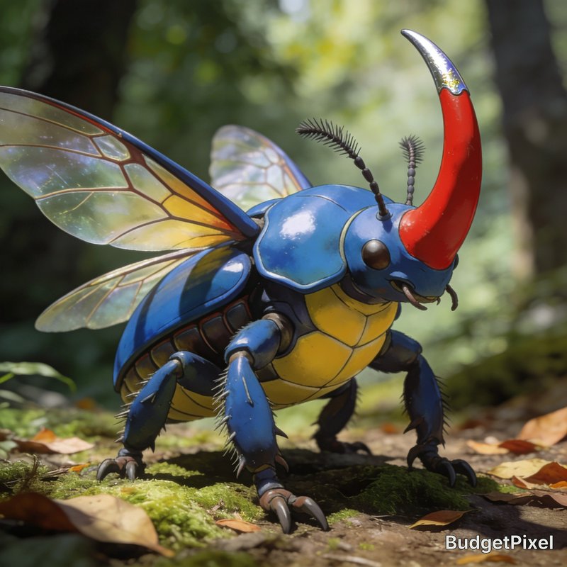 Stylized fantasy rhinoceros beetle with blue shell, red curved horn, and spread translucent wings...
