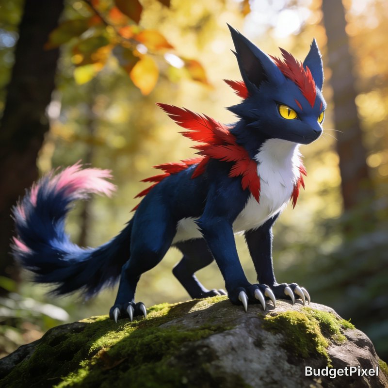 Pokemon-style fantasy feline creature with dark blue fur, red feathers, yellow eyes stands on a m...