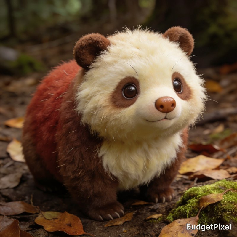 Adorable fluffy fantasy cream and brown panda hybrid sitting on a mossy leaf-strewn forest floor