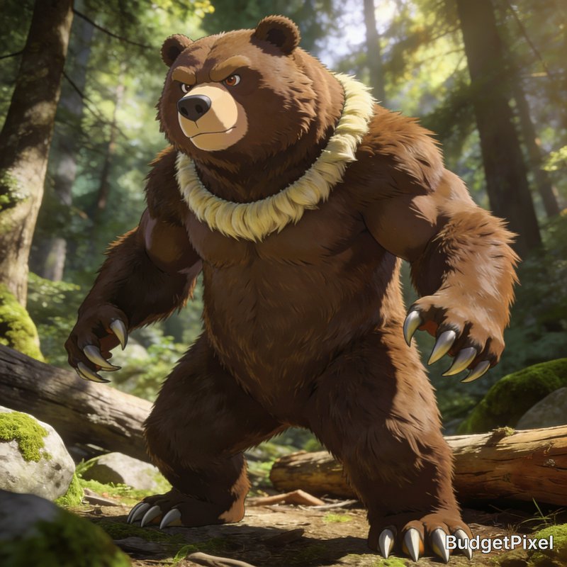 Stylized anime muscular anthropomorphic brown bear standing alert in a sun dappled forest clearing.