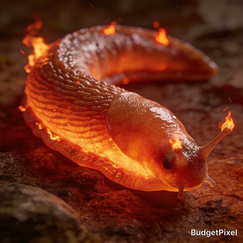 Surreal fantasy fire slug with glowing molten skin and tiny flames crawls across dark textured ro...