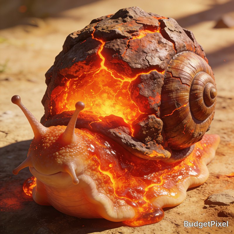 Surreal fantasy lava snail with glowing cracked volcanic shell rests on sunlit sandy desert ground
