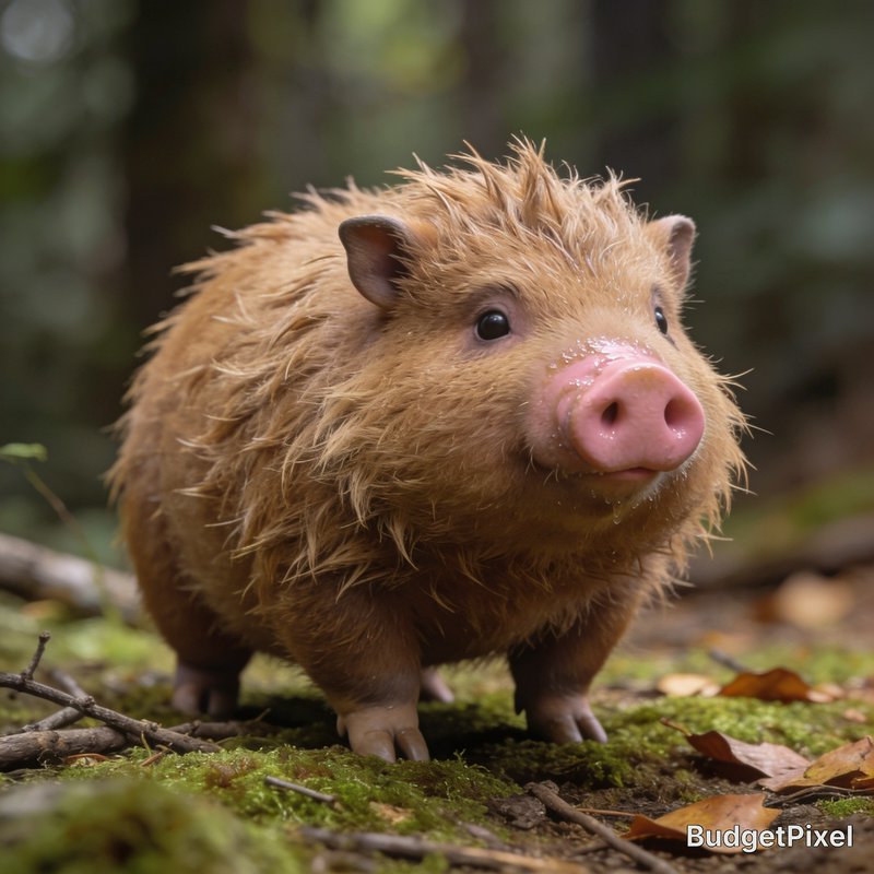 Cute fluffy brown piglet with pink snout standing on a mossy forest floor, blurred woodland backg...
