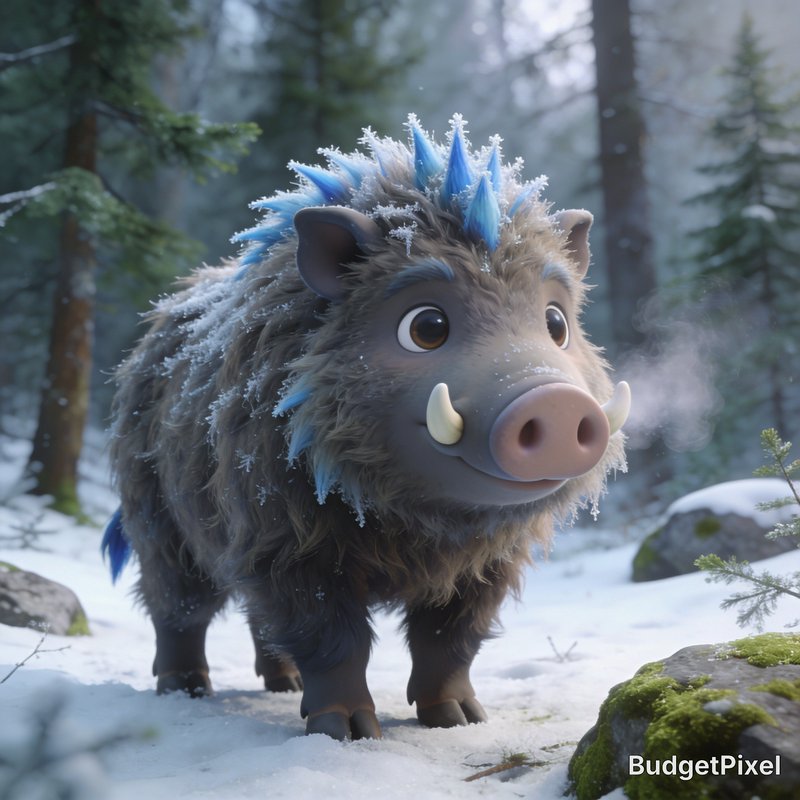 Cute animated fantasy frost wild boar with icy blue spiked mane stands in a snowy evergreen winte...