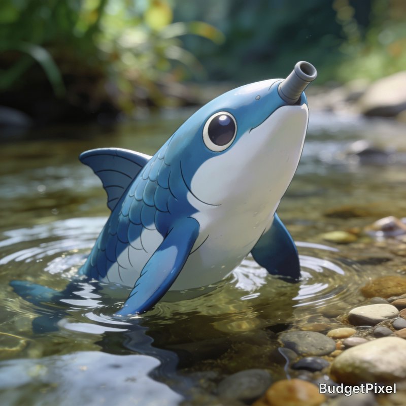 Cute blue scaled fantasy fish creature with a tubular snout rises from clear shallow pebbled forest stream