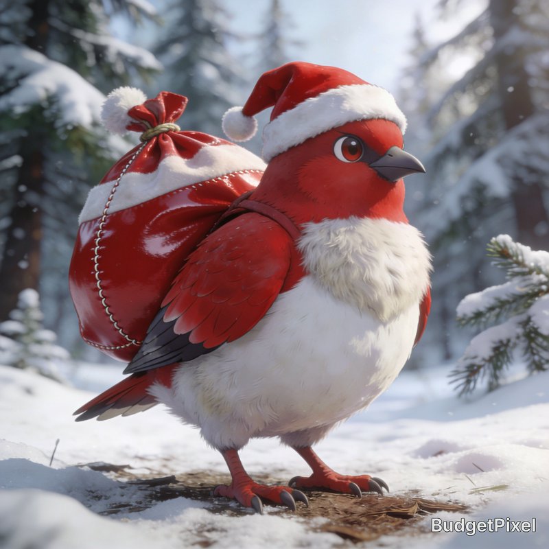 Cute festive red and white bird wearing a Santa hat carries a gift sack in a snowy pine forest