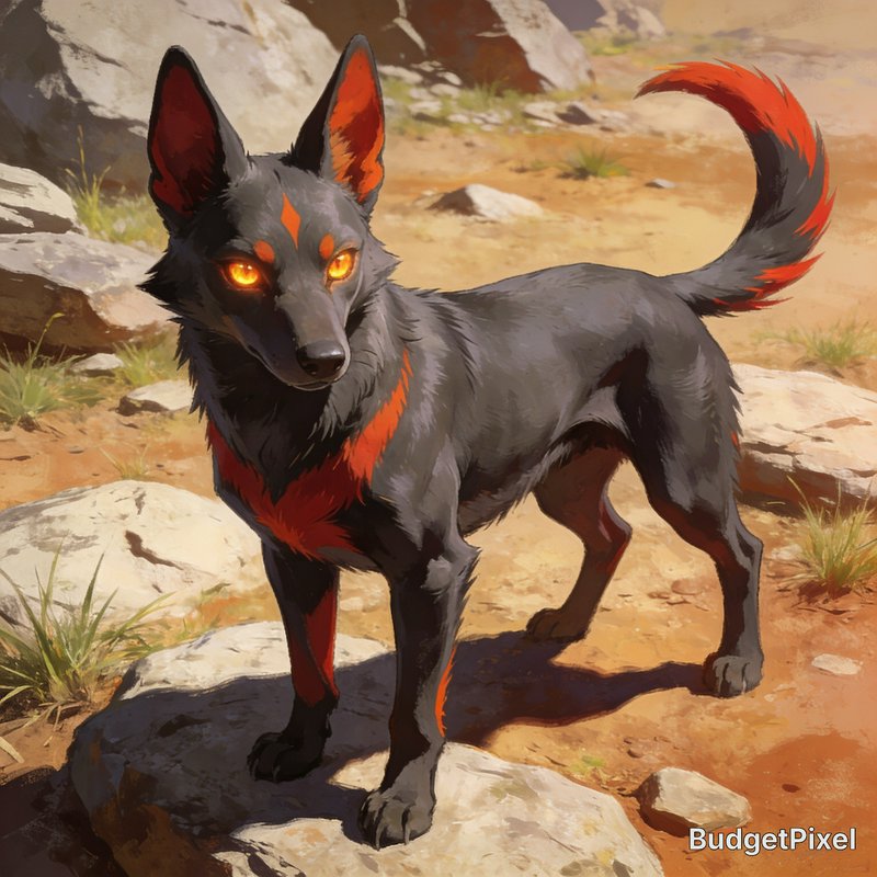 Mythical black hellhound with glowing orange eyes standing alert on sunlit rocky desert terrain