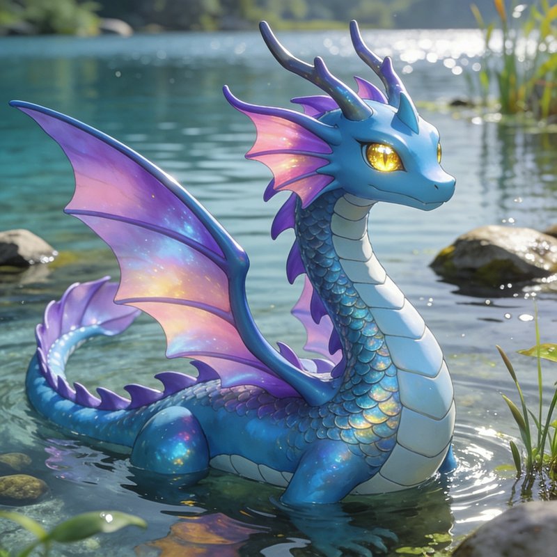 Cute iridescent blue fantasy water dragon resting half-submerged in a sunlit clear mountain lake