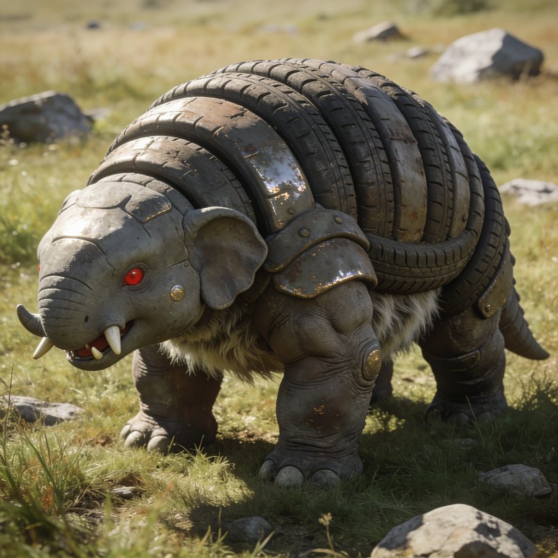 Armored mechanical elephant-armadillo hybrid creature standing in a sunlit grassy meadow