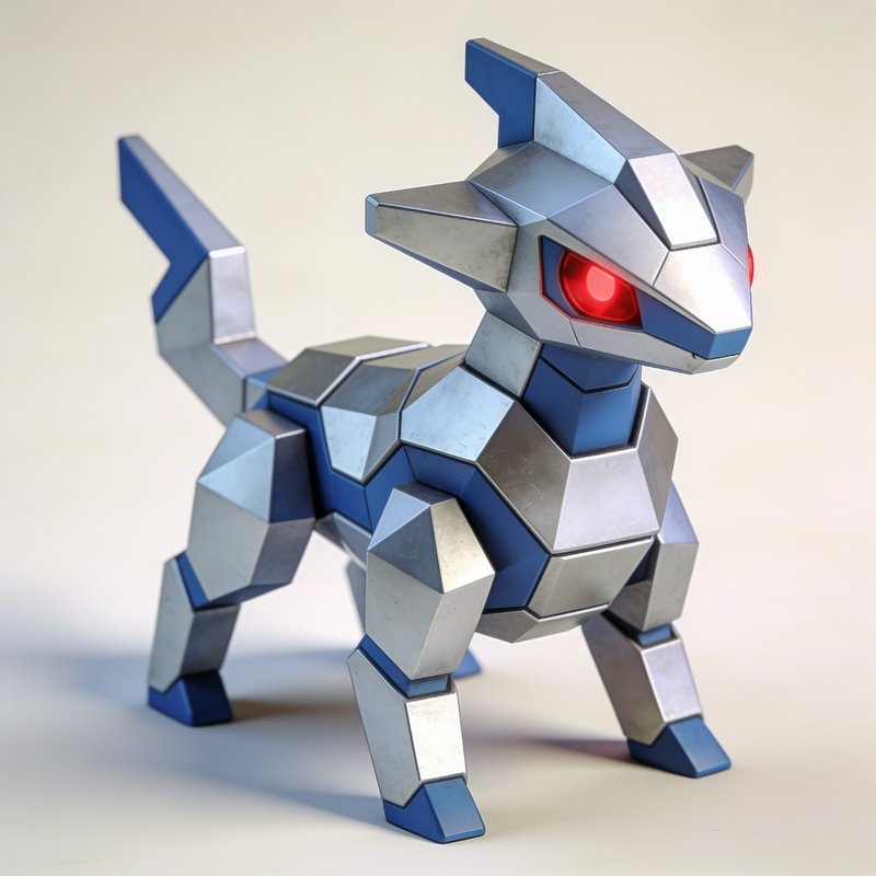 Faceted silver and blue robotic fox creature with glowing red eyes stands on a plain light studio background