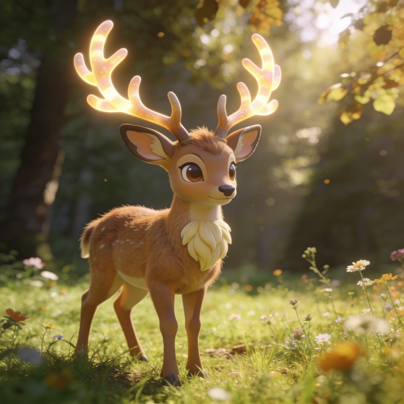 Cute stylized fantasy deer with glowing golden antlers standing in a sunlit wildflower forest meadow