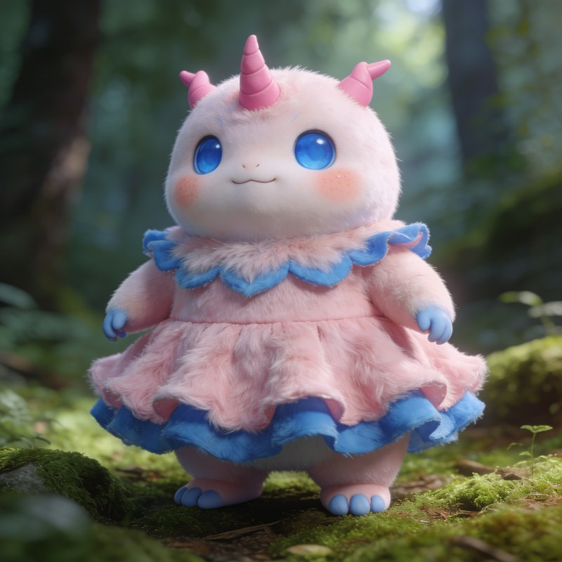 Fluffy pastel pink unicorn fantasy creature in a frilly dress stands on a mossy sunlit forest floor