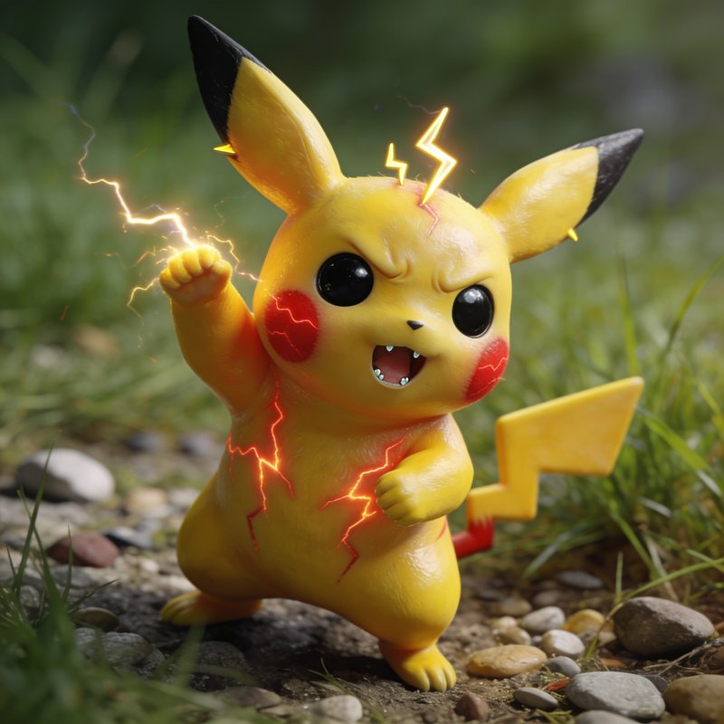 Fierce realistic Pikachu crackling with electric energy stands on a grassy pebbled outdoor trail