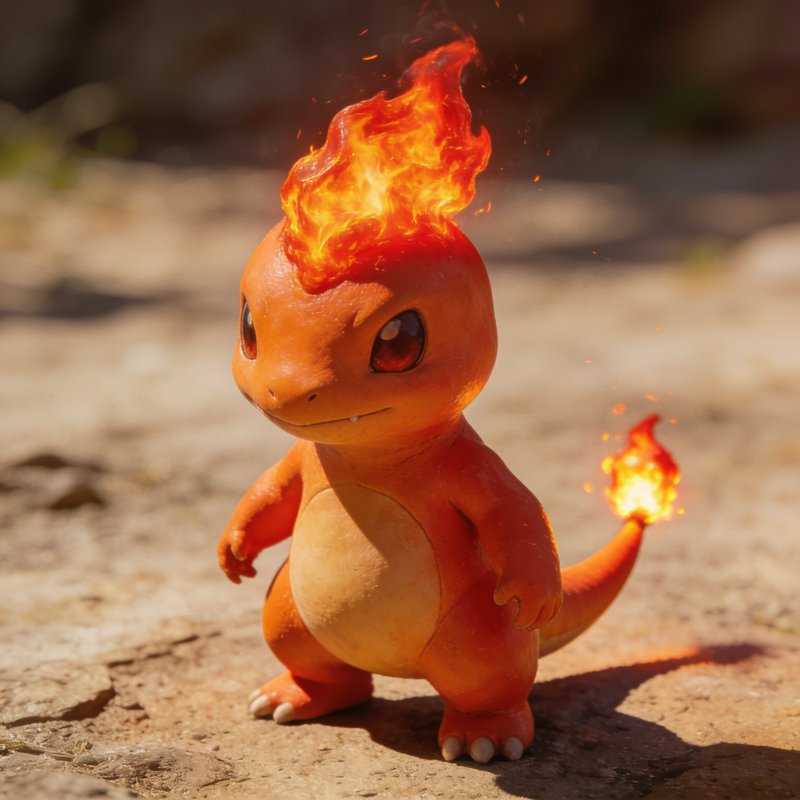 Realistic rendered Charmander stands on sunlit stony ground with bright flames on its head and tail