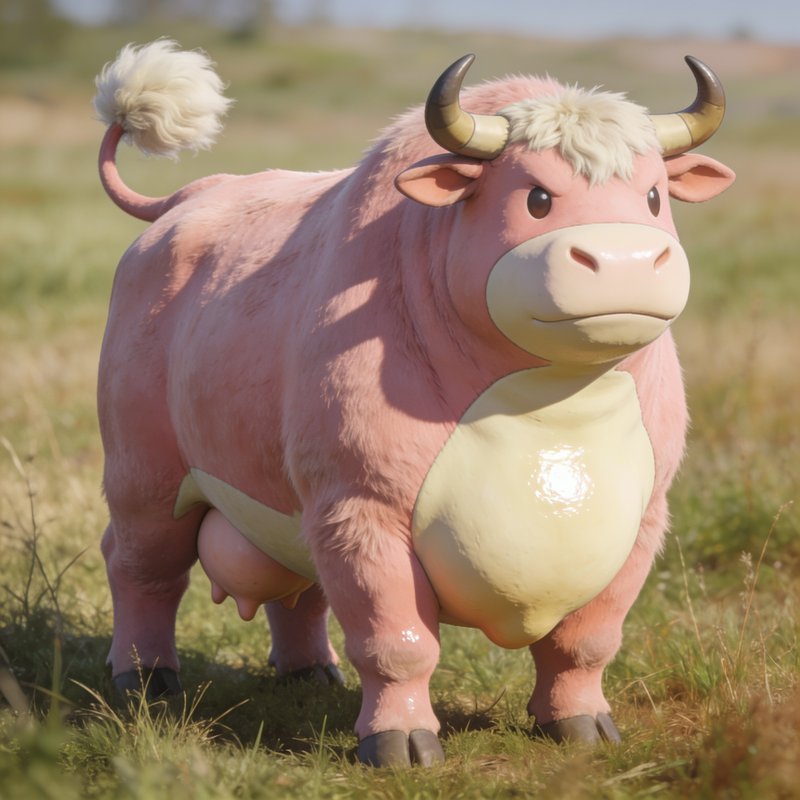 Stylized fluffy pink fantasy bull standing in a sunlit grassy pasture