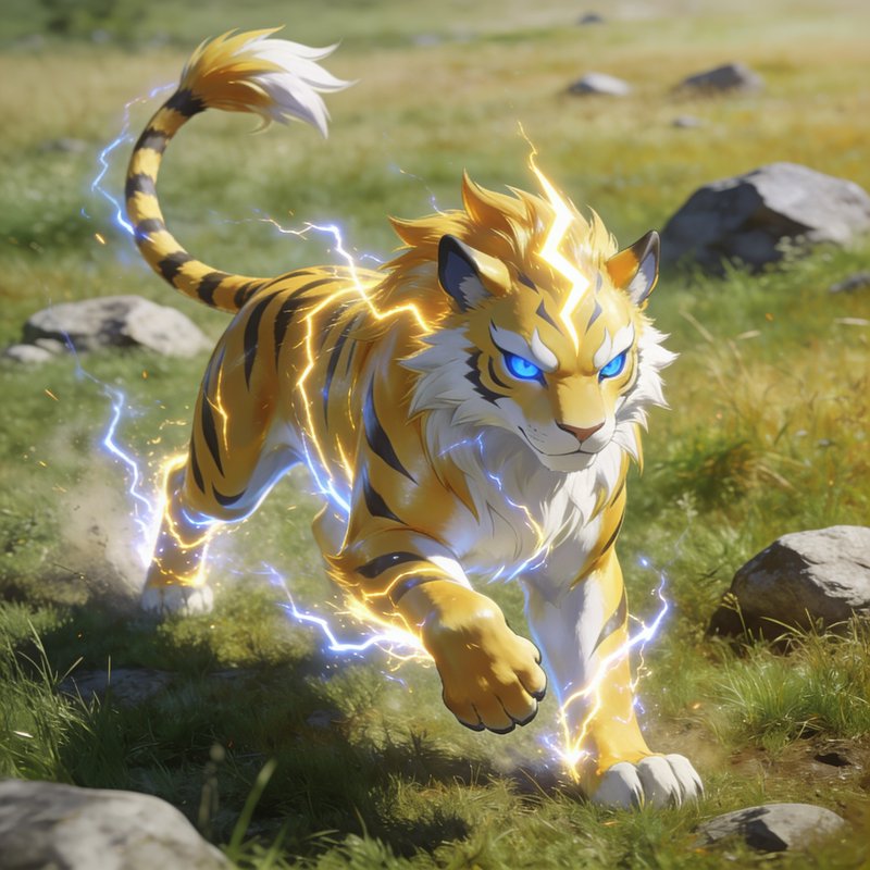 Mythical golden lightning tiger with glowing blue eyes crackles with electricity across a sunlit grassy meadow