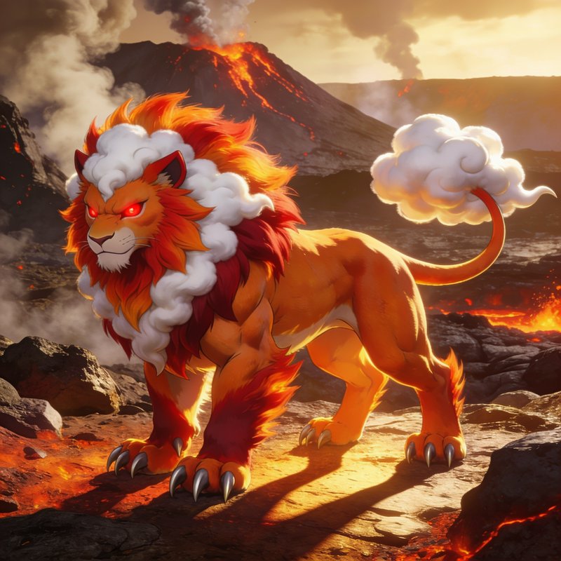 Mythical elemental fire lion with cloud mane stands on rocky volcanic terrain before an erupting volcano