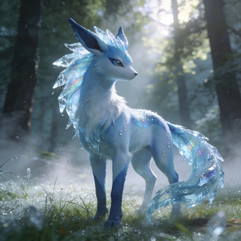 Ethereal crystal ice fox mythical creature stands in a sunlit misty forest glade