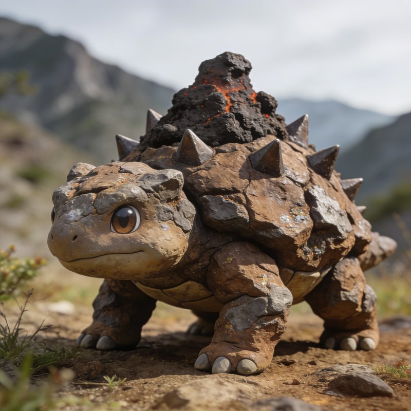 Cute stone volcano fantasy turtle standing on a rocky mountain path