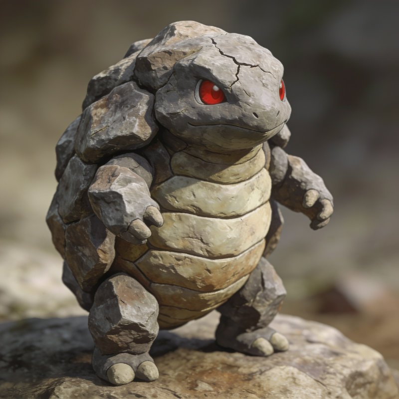Realistic weathered stone Golem Pokemon standing on a rocky perch with bright red eyes