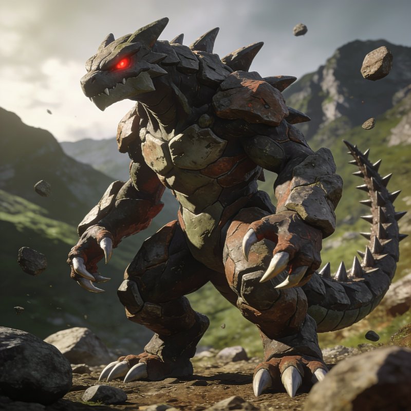 Hulking stone earth dragon golem with glowing red eyes stands in a mountain valley as loose rocks...