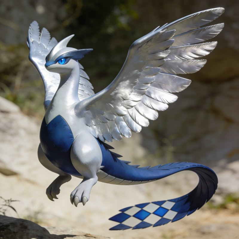 Photorealistic Lugia legendary pokemon with outstretched silver wings hovering above sunlit rocky...