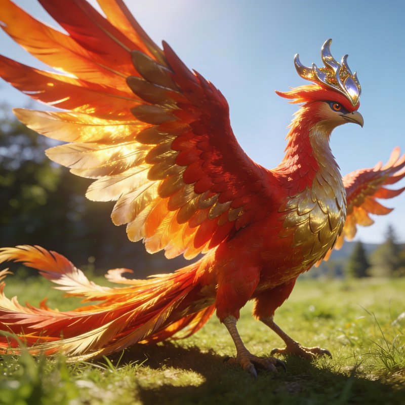Regal red and gold crowned phoenix stands with outstretched wings on a sunlit grassy meadow
