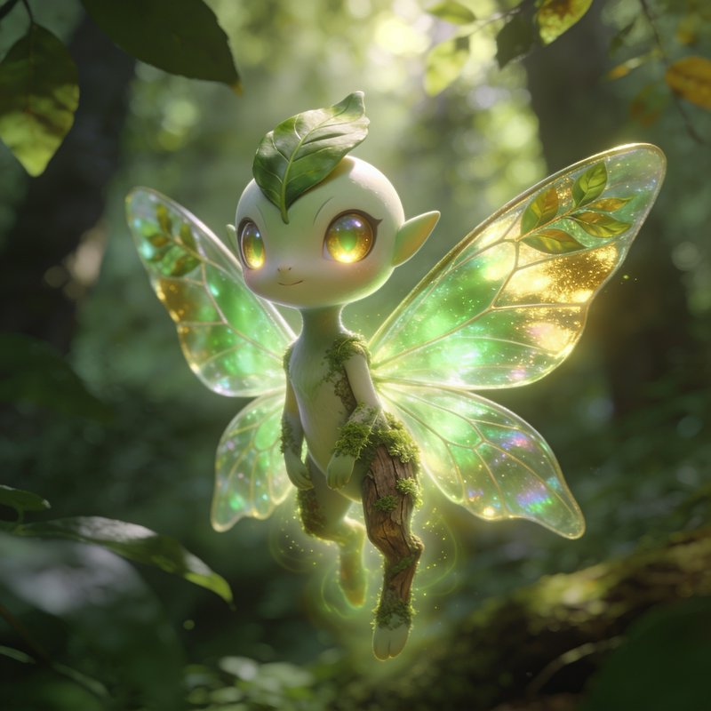 Tiny glowing plant fairy with iridescent gossamer wings hovers in a sunlit green forest