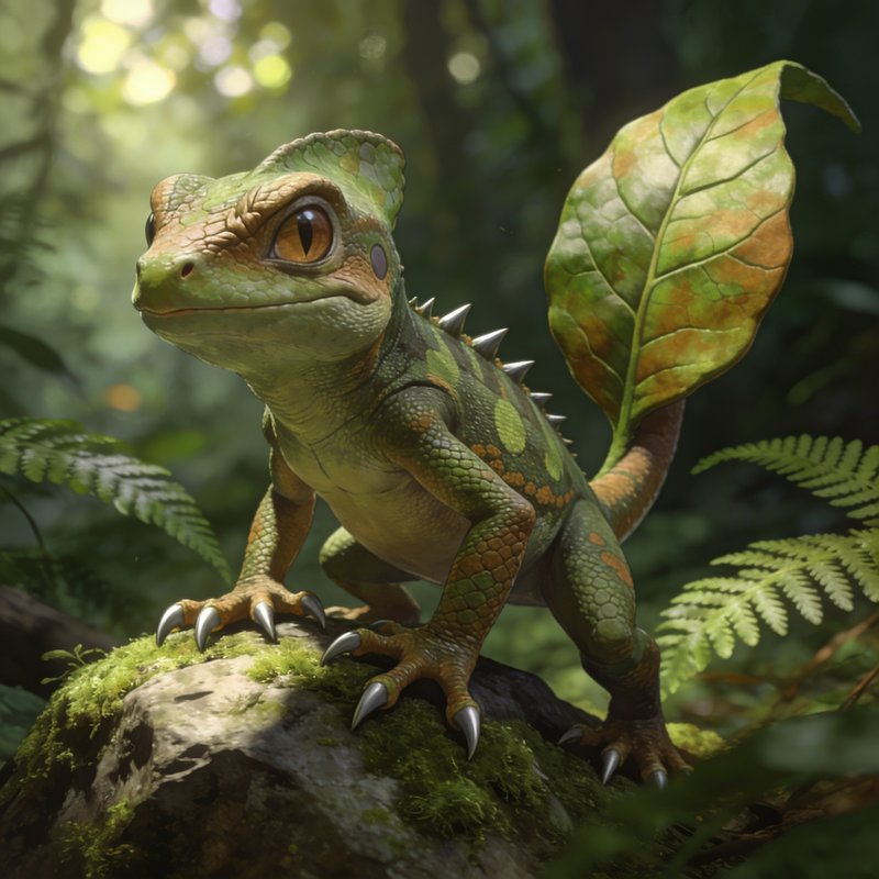 Whimsical fantasy leaf-tailed reptile stands on a mossy rock in a sunlit jungle