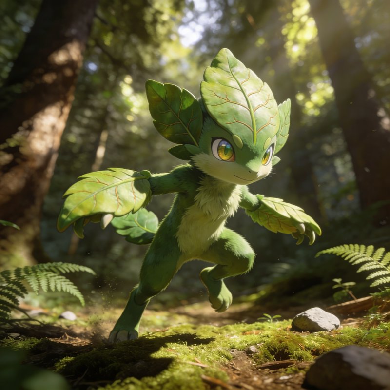 Leaf-themed grass fantasy creature strikes a dynamic pose in a sunlit mossy forest