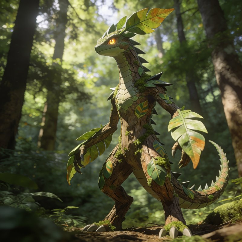 Anthropomorphic wood and leaf forest dragon standing in a sunlit old growth forest