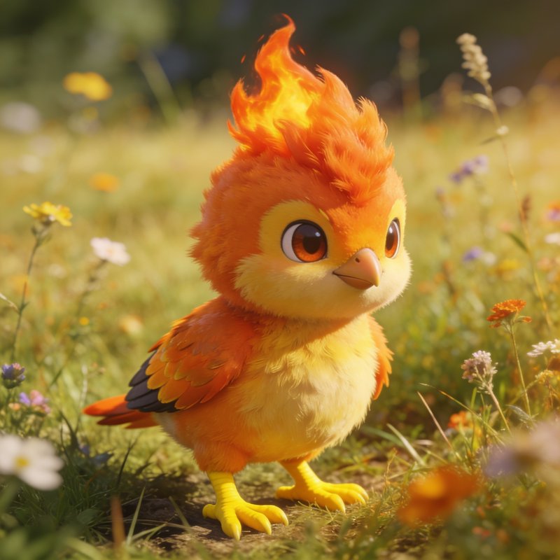 Fluffy baby phoenix chick with a fiery head crest standing in a sunlit wildflower meadow