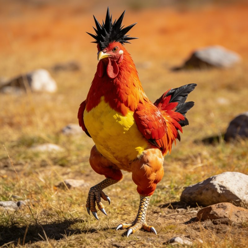 Surreal spiky crested hybrid rooster stands mid-step in a dry sunlit grassland