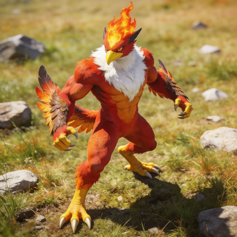 Muscular fiery phoenix humanoid creature stands in a sunlit grassy rocky meadow