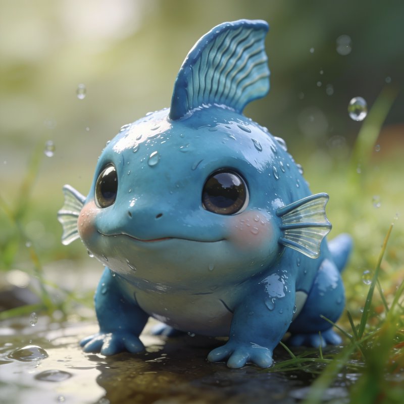 Cute chubby blue aquatic fantasy creature sitting in a rainy grassy puddle with large gentle eyes