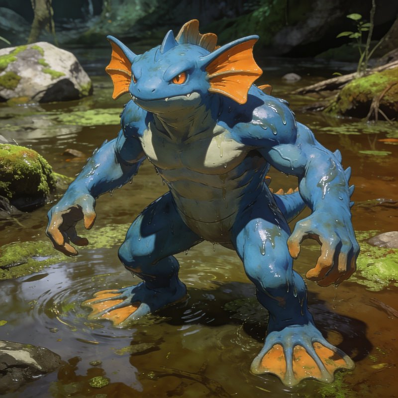 Muscular blue water-type Pokemon with orange fins stands alert in shallow mossy forest stream