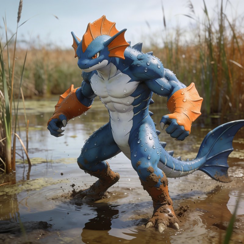 Muscular blue aquatic fantasy humanoid creature standing aggressively in shallow marsh water