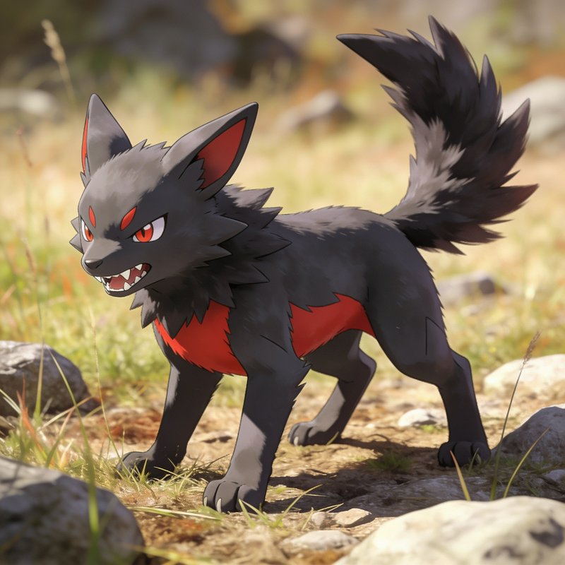 Fierce dark wolf-type pokemon with red markings stands alert on a sunlit rocky grass trail