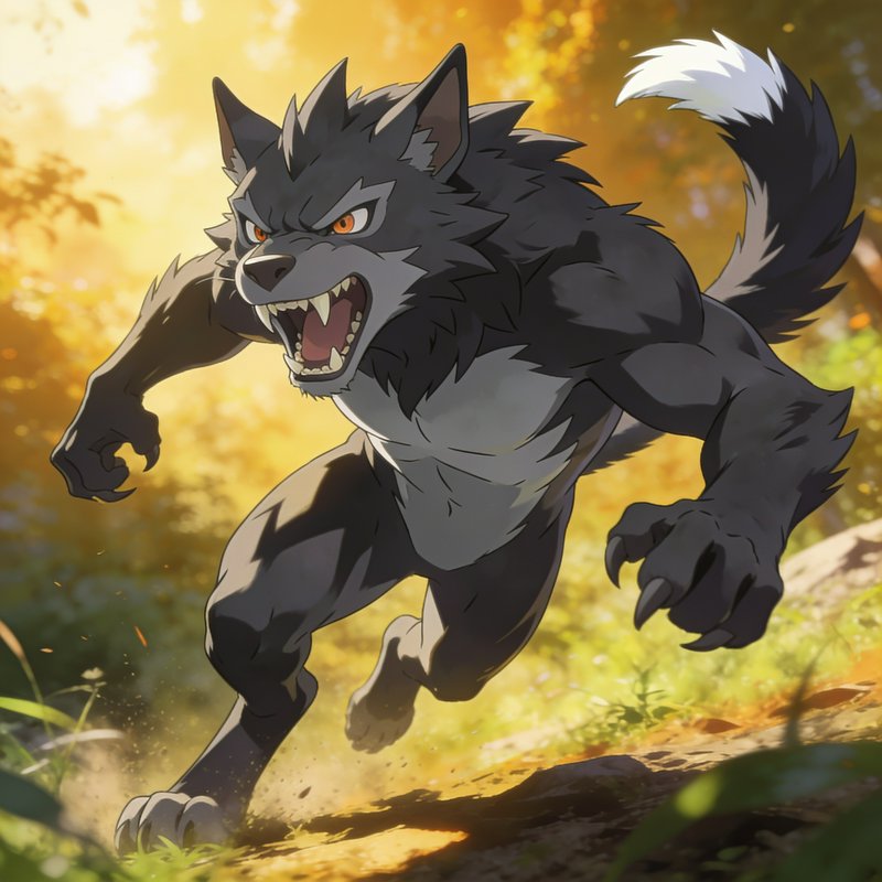 Fierce snarling anime werewolf charging through a sunlit golden forest path