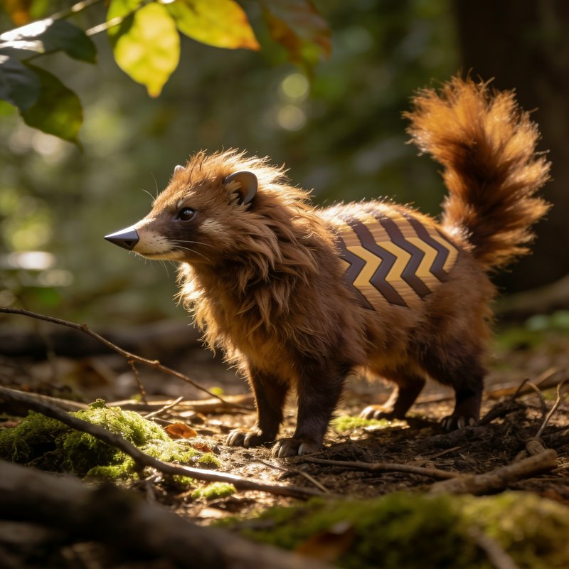 Fantastical striped fluffy forest creature stands alert on a sunlit mossy woodland floor