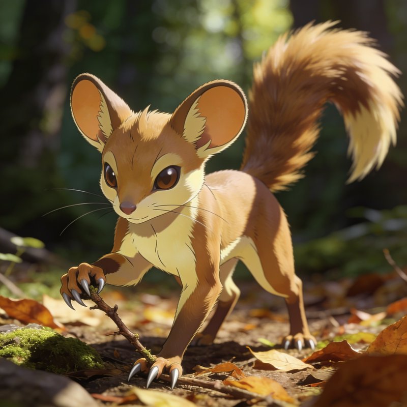 Anime style fluffy fantasy rodent creature stands on a sunlit autumn forest floor holding a small stick