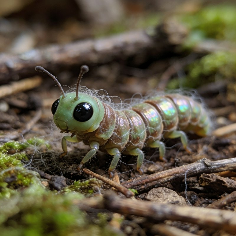 Whimsical iridescent caterpillar-like creature with oversized black eyes crawls across mossy fore...