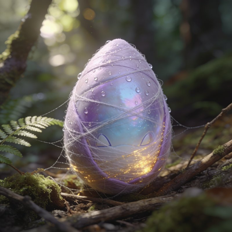 Iridescent glowing magical egg wrapped in silk rests on a sun dappled mossy forest floor