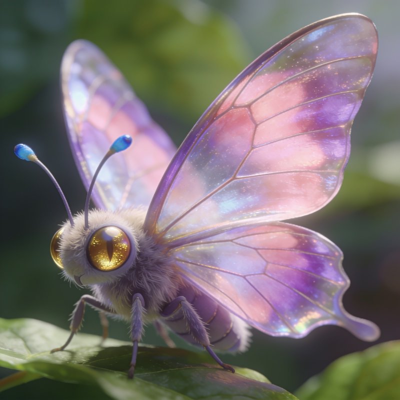 Fluffy fantasy moth with iridescent pastel wings perched on a green leaf