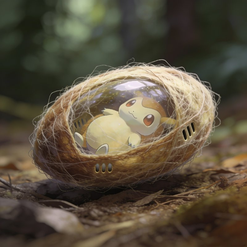 Eevee-like Pokemon curled inside a fibrous silk cocoon resting on a sunlit forest floor