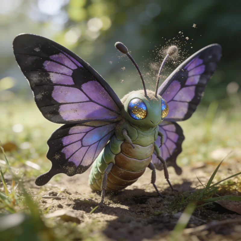 Whimsical fantasy butterfly bug with glittering galaxy eyes stands on sunlit garden dirt